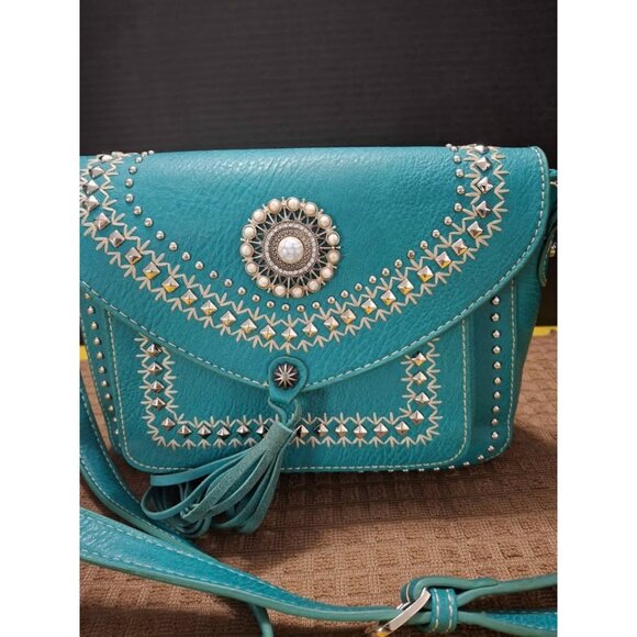 Montana West Turquoise Crossbody Bag With Embellished Details & Tassel Accent T8 - Picture 2 of 9